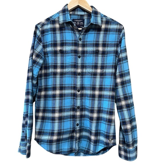American Eagle Plaid Button Down Shirt Turquoise Blue Black 100% Cotton - XS - Picture 1 of 10